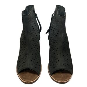 TOMS Majorca Peep Toe Booties Dark Olive Green Suede Perforated Block Heel 8M